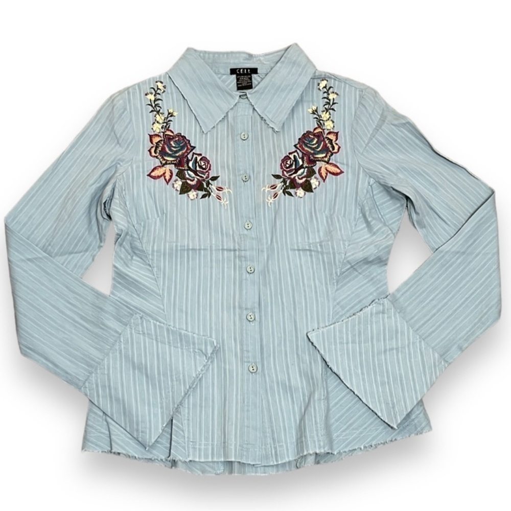 Women's Blue Embroidered Button Down Shirt